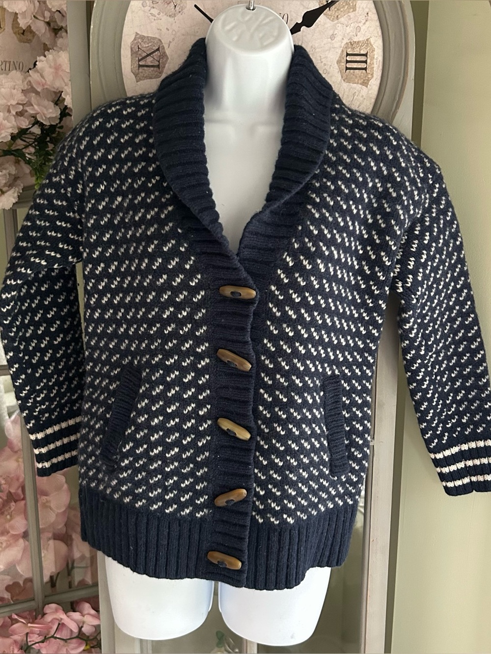 Women’s LL BEAN Cardigan Navy Classic Ragg 100% Lambs Wool Bird Eye Sweater Sz M